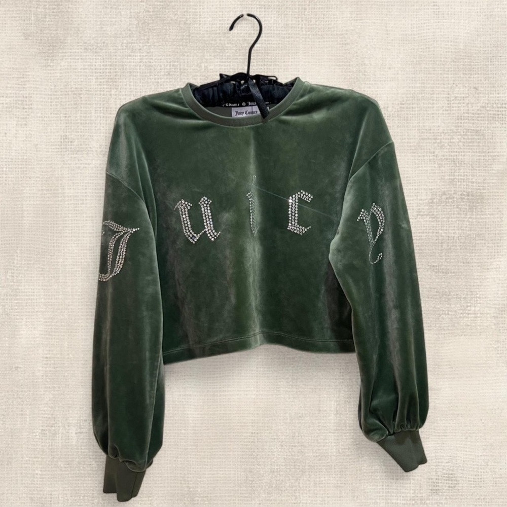 Juicy Couture Y2K Olive Velour Top with Rhinestone Logo